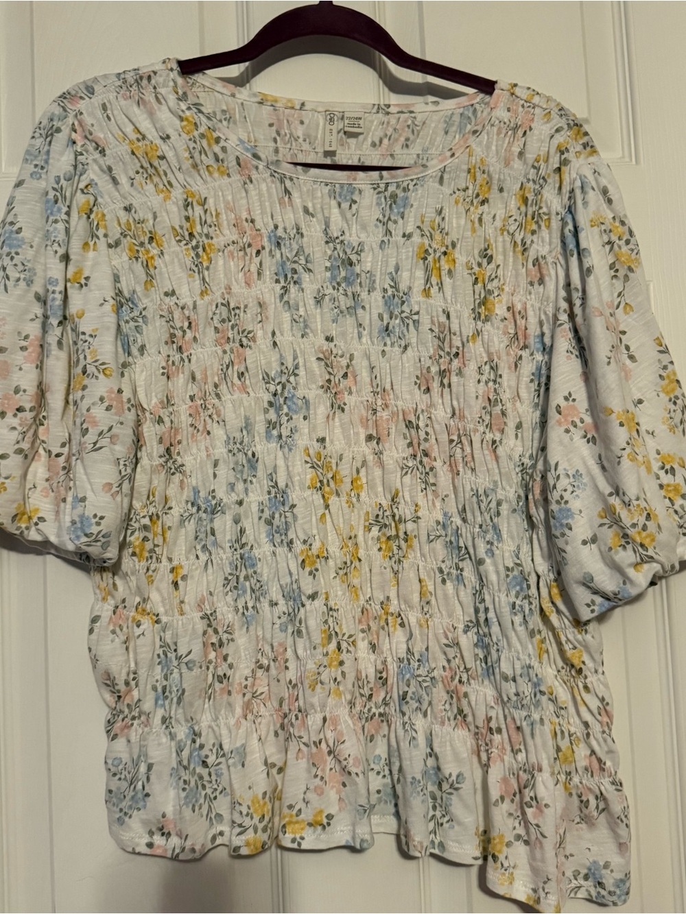 Cato White Smocked Floral Peasant Top with Blue, Pink & Yellow Flowers